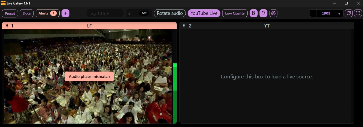 Live Gallery 1.6.1 showing event footage in a local-file tile, with an Audio phase mismatch warning over the video, active audio meters, and one alert in the toolbar.